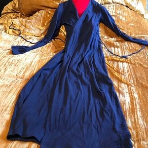 Reformation Navy Blue Long Sleeve Ribbed Midi Wrap Dress Size L